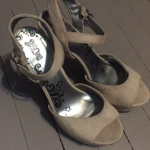 Tan microsuede platform strappy heels